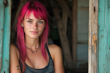 Obraz premium Young woman with pink hair poses near a rustic wooden structure in natural light