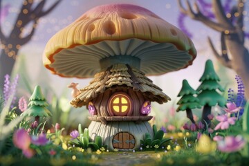 Fototapeta premium A whimsical mushroom house nestled in a vibrant fantasy forest, glowing warmly.