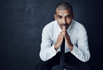 Thinking, portrait and space with business man in studio for treasury manager, company liquidity or idea. Mockup, debt solutions and vision with person on dark background for interest rate policy