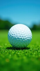 Obraz premium Immaculate golf ball on vibrant green, clear blue sky , championship, close-up