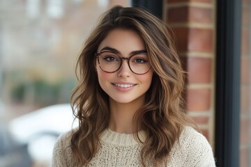 Young woman with glasses smiles warmly in a cozy setting with brick background during daytime
