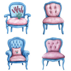Chair with purple cushion watercolor set hand drawn