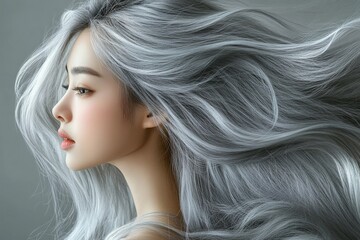 Naklejka premium Beautiful woman with long silver hair in a soft studio setting showcasing elegance and grace