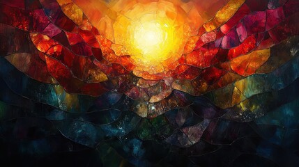 Colorful sunset mosaic artwork, abstract landscape, vibrant hues, digital art, website banner