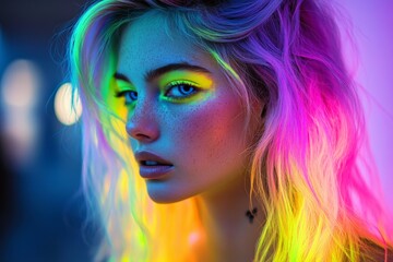 Fototapeta premium Colorful sparkling portrait of a young woman with vibrant hair in a dynamic urban setting at night