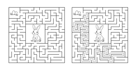Vector Easter Basket Maze - Black and White Square Puzzle with Bunny Design