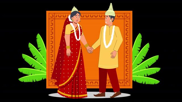 Illustrate a Bengali wedding using flat animation. Characters engage in rituals such as Sindoor Daan, wear traditional attire, and celebrate with family in a sleek, minimalist style.