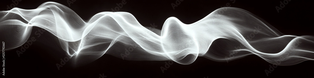 Poster abstract white wavy lines flow across a dark background, creating a sense of movement. concept of fl