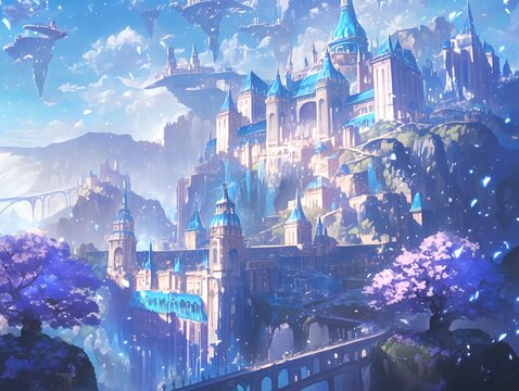 Fantasy castle city with radiant light and starry sky, anime style