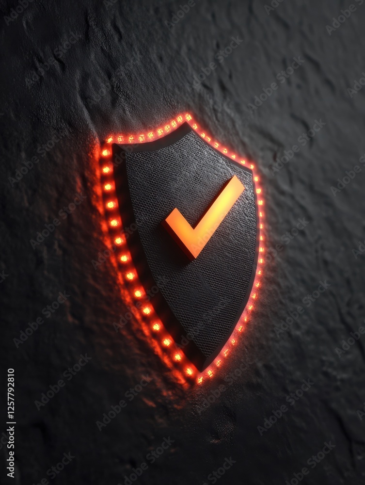 Poster 3d render of a cloud security shield with a checkmark icon on a dark background,