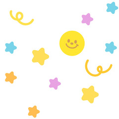 Cute illustration of happy face, stars, doodle for sticker, logo, icon, mood, positive vibe, good energy, tattoo, decorations, cute patch, brooch, shirt print, sign, symbol, emoji, expression