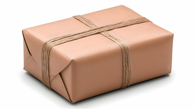 Wrapped package tied with twine on white background, delivery concept