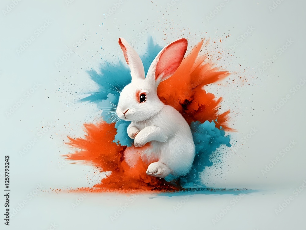 Poster whimsical watercolor rabbit with expressive kaleidoscopic abstract textures and fluid painterly form