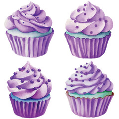 Pink cupcake with sprinkles watercolor hand drawn set collection