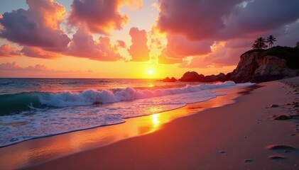Fototapeta premium Leuchtender Sonnenuntergang ?ber sandigem Strand, Licht, Frieden