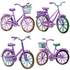 Pink bicycle watercolor hand drawn set collection