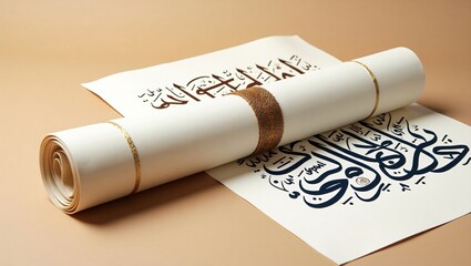 A set of elegant Islamic calligraphy prints, rolled with gold string, featuring rich blues, earthy tones, and copper accents, exuding luxury and cultural heritage.