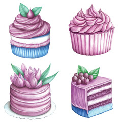 Purple cake watercolor set hand drawn