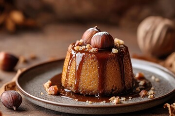 Delicious individual caramel cake decorated with hazelnuts on plate