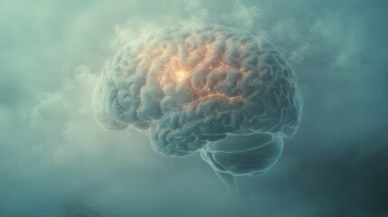The abstract image of a luminous, ethereal human brain disappearing into the fog symbolizes fragility and gradual loss of memory.