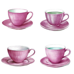 Purple teacup watercolor set hand drawn