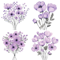 Soft pink flowers watercolor hand drawn set collection