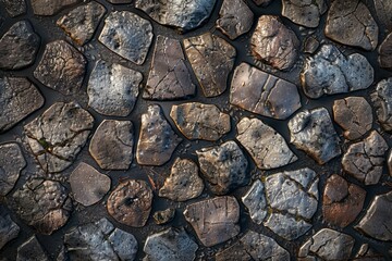 Fototapeta premium Photo of European cobble stone paving surface. Detailed photo textured background