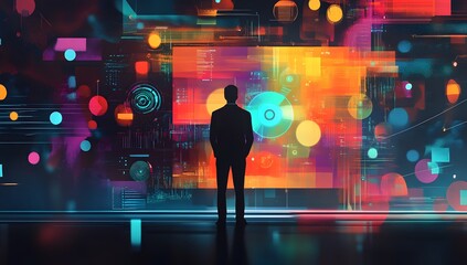 Businessman contemplates vibrant digital interface