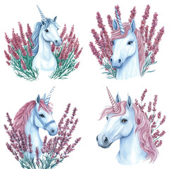 Unicorn with lavender mane watercolor set hand drawn