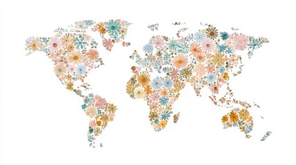 Fototapeta premium world map illustration, created from muted modern color daisy, symmetrically aligned, isolated on white background