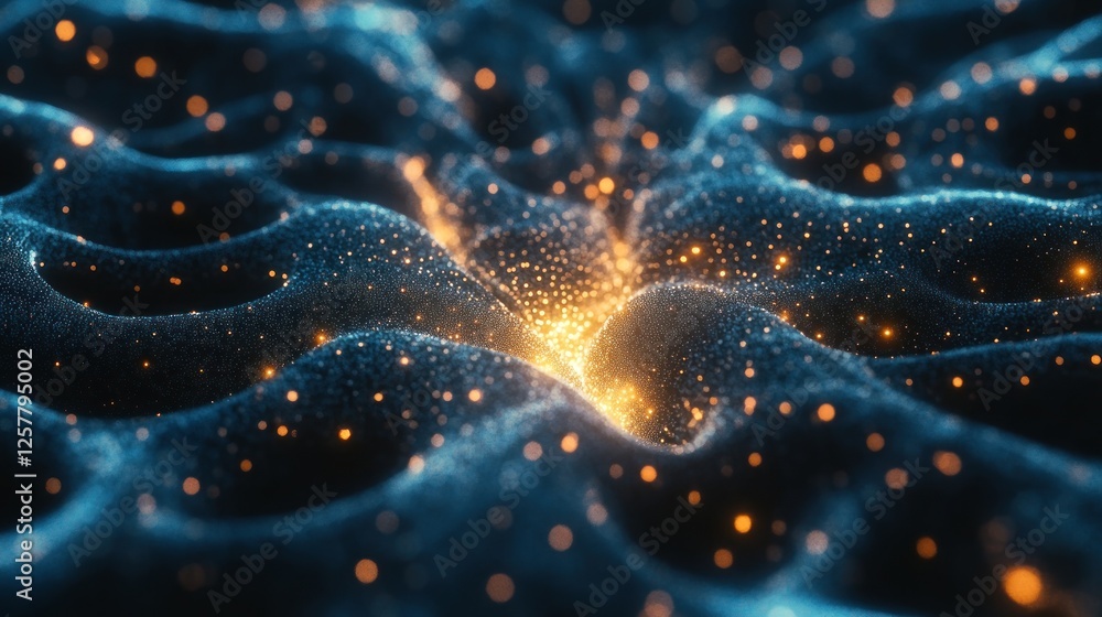 Poster luminous particle waves in a blue field, abstract futuristic visualization