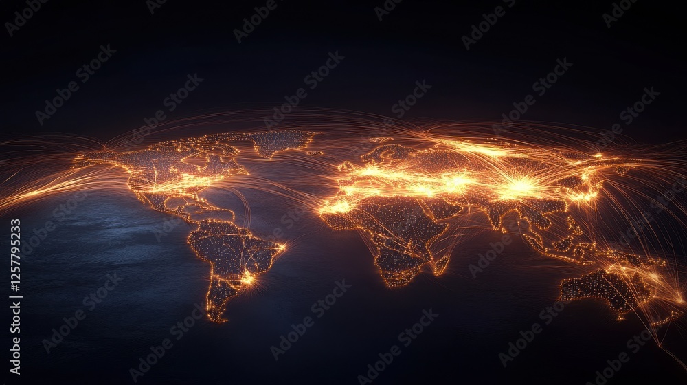 Poster social network connection concept with glowing contour lines countries and dots on dark background. 
