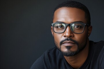 Obraz premium Confident man with stylish glasses poses against a dark background in a casual setting
