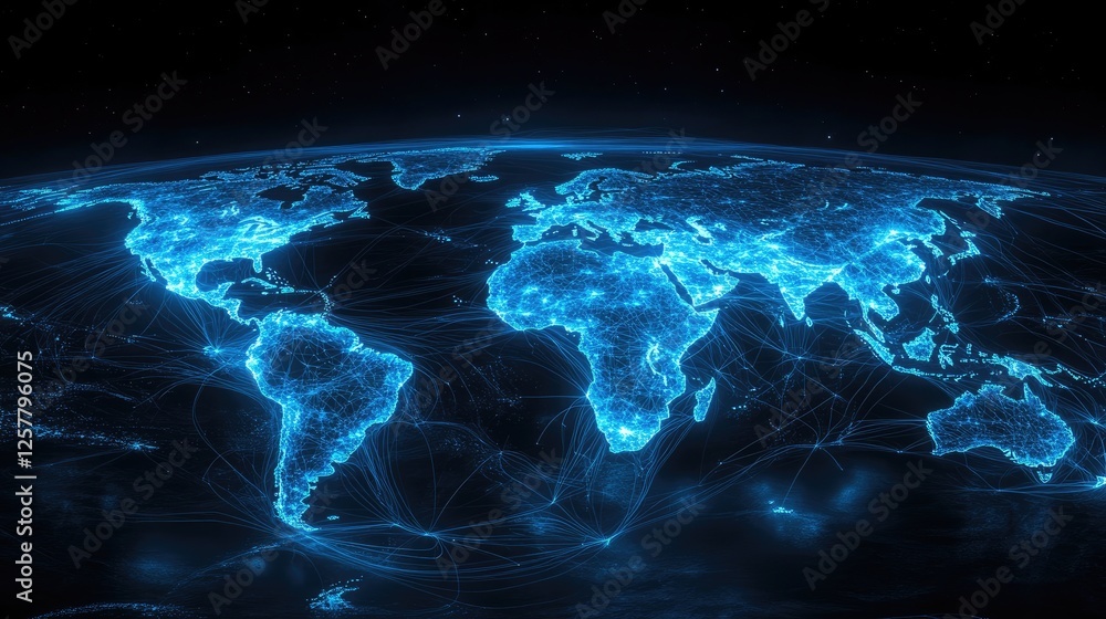 Poster a glowing, digital representation of earth showcasing interconnected continents and illuminated netw