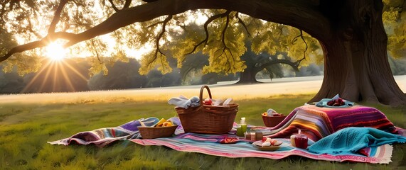 A charming summer picnic under a sprawling oak tree filled with colorful blankets and baskets inviting gatherings and shared moments of joy