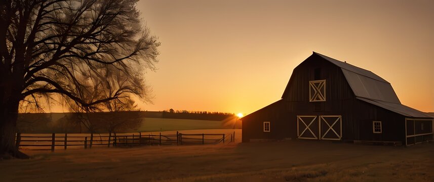 A charming rustic barn during a golden sunset inviting nostalgia and connection to agricultural simplicity and traditional lifeways