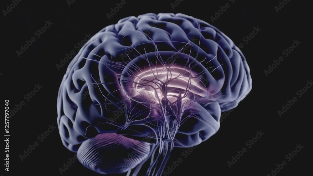 Poster 3d rendering of a human brain, highlighting the intricate network of neurons and blood vessels.