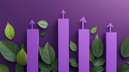 The image depicts growth represented by purple bars and upward arrows, with leaves suggesting sustainability and progress.