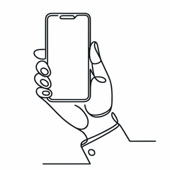 vector illustration of a mobile phone in hand hand  simple one line drawing illustration
