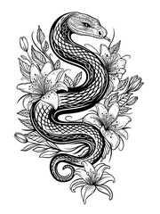 Ausmalbild mit Schlange und Lilien - Jahr der Schlange Design. Tattoo Outlines.