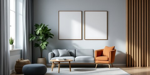 Modern living room, grey sofa, orange armchair, sunlight, minimalist design, home decor