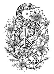 Ausmalbild mit Schlange und Peace Zeichen - Jahr der Schlange Design. Tattoo Outlines.
