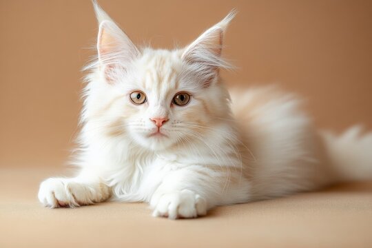 Maine Coon kitten lounging on a soft surface under warm lighting in a cozy indoor space