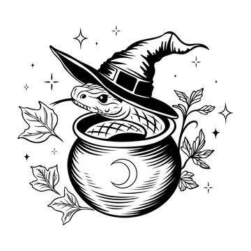 Ausmalbild mit Schlange , Hexenhut und Hexenkessel - Jahr der Schlange Halloween Design. Tattoo Outlines.