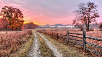 Fototapeta premium Autumn Sunrise Trail Through Countryside; peaceful landscape