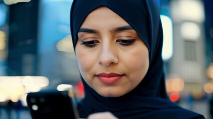 A serious Muslim businesswoman in hijab with a smartphone in the night downtown. A dedicated Muslim woman exhibits a serious demeanor while using her mobile device. - Powered by Adobe