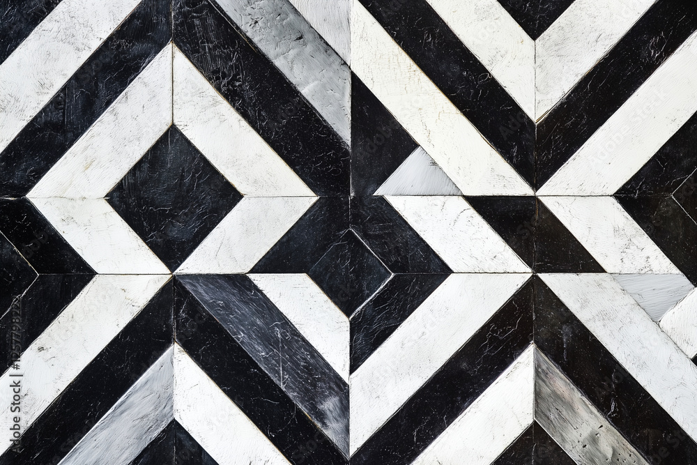 Poster black and white tile floor with a pattern of squares and triangles. the floor is made of wood and ha