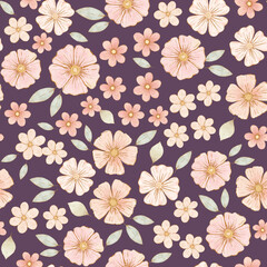 Small hand drawn pink flowers on lilac