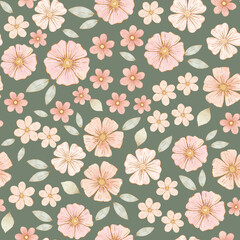 Small hand drawn pink flowers on green sage