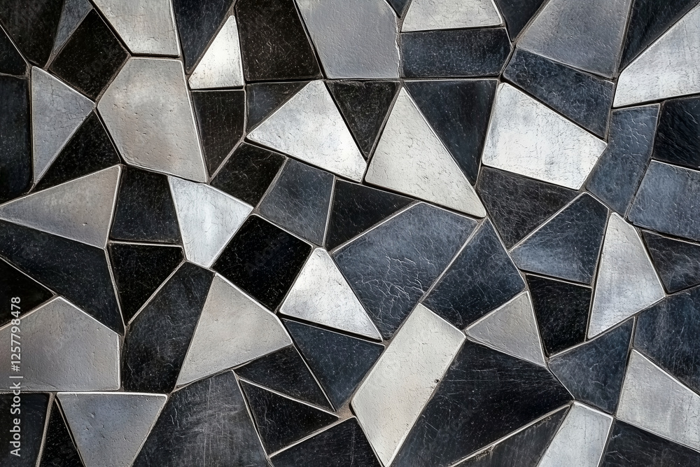 Poster black and white mosaic tile pattern with a silver border. the tiles are cut into various shapes and 